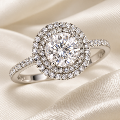 eeablish® Celeste Halo Ring on ivory silk