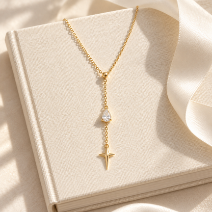eeablish® Étoile Drop Necklace styled on ivory linen