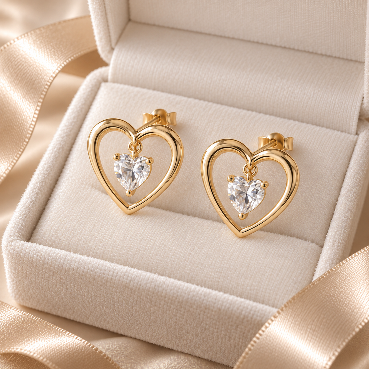 eeablish® Rosalie Heart Earrings in an ivory jewelry box
