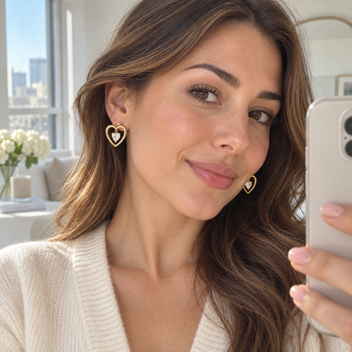 eeablish® Rosalie Heart Earrings worn in a natural mirror portrait