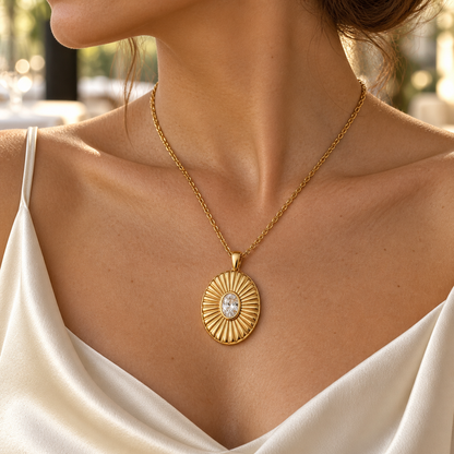 eeablish® Solenne Pendant Necklace worn with ivory satin